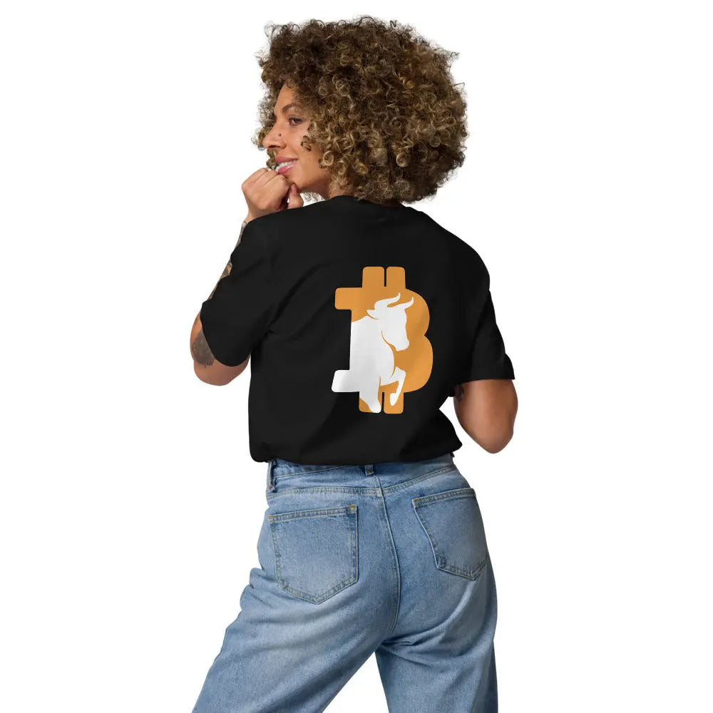 bitcoin t-shirt - bullish back print - worn on female model - black