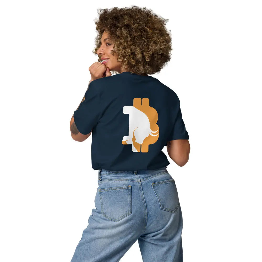 bitcoin t-shirt - bullish - worn back view - blue
