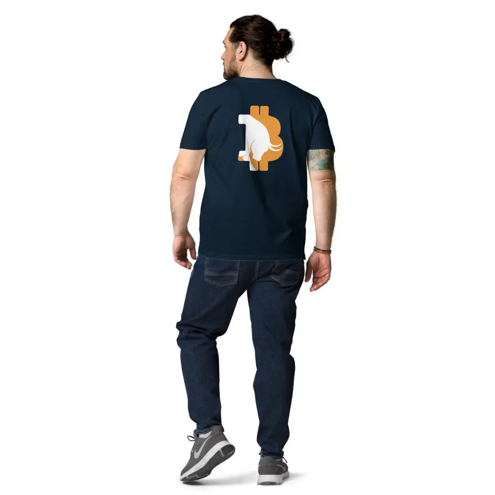 bitcoin t-shirt - bullish - worn back view - blue