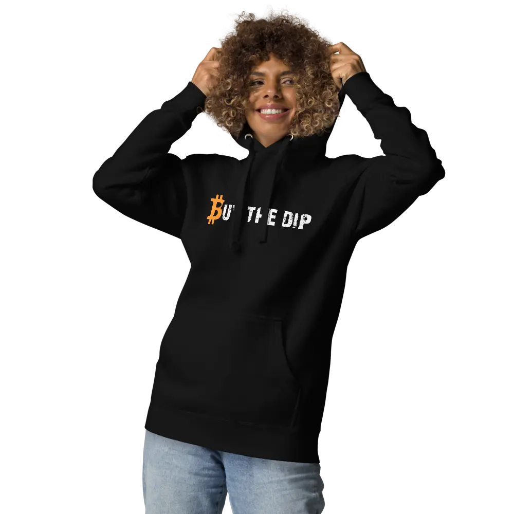 bitcoin hoodie - buy the dip - worn by female model