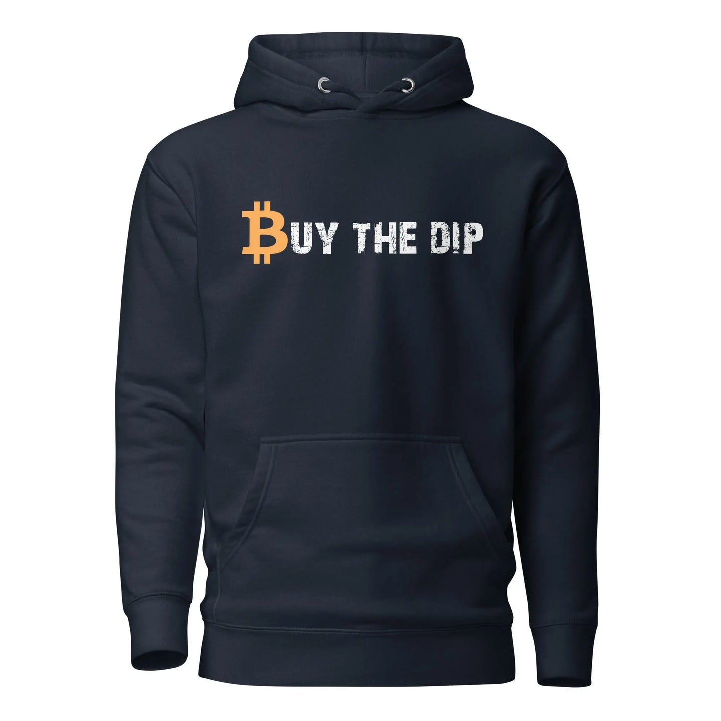 bitcoin hoodie - buy the dip - front view - navy blue
