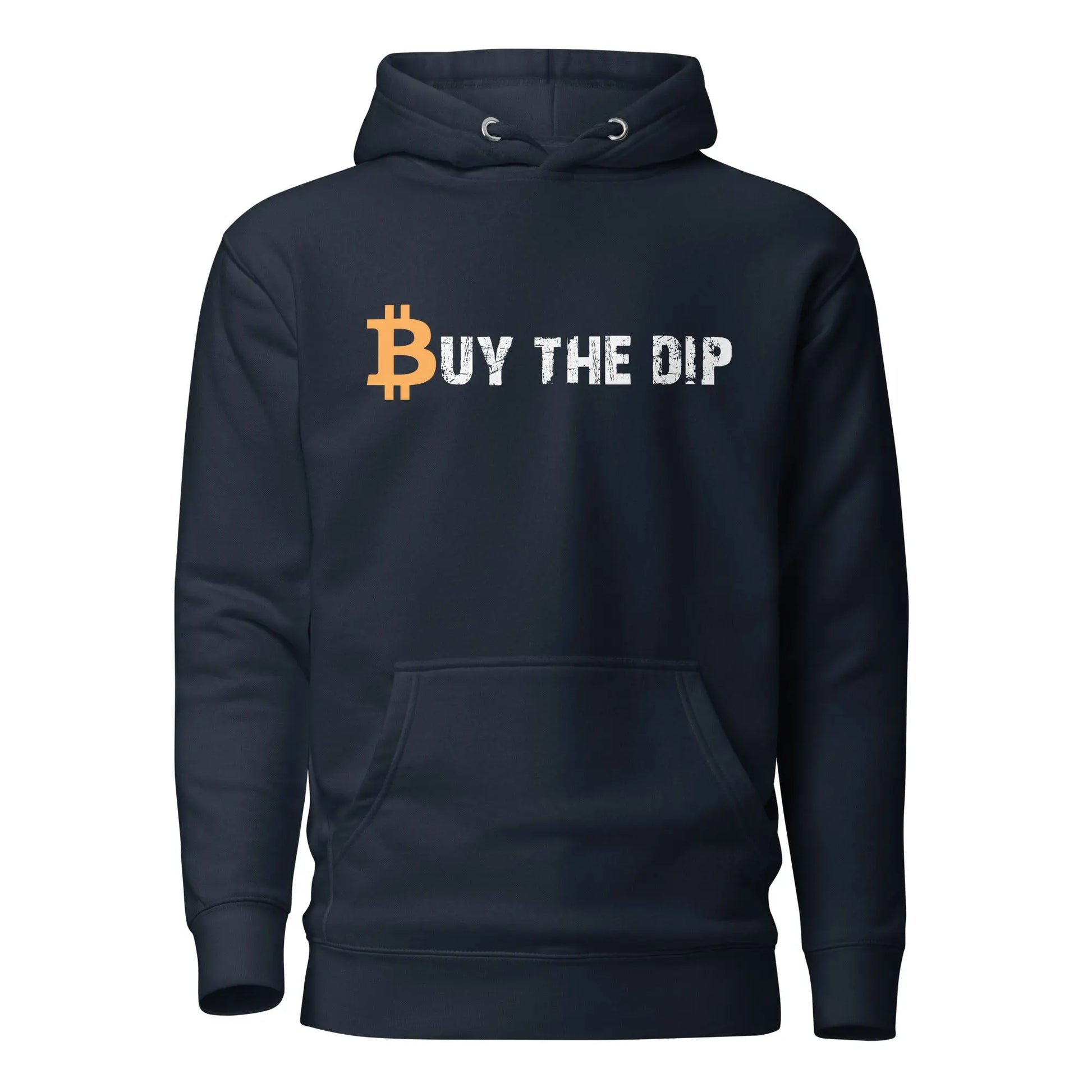bitcoin hoodie - buy the dip - front view - navy blue