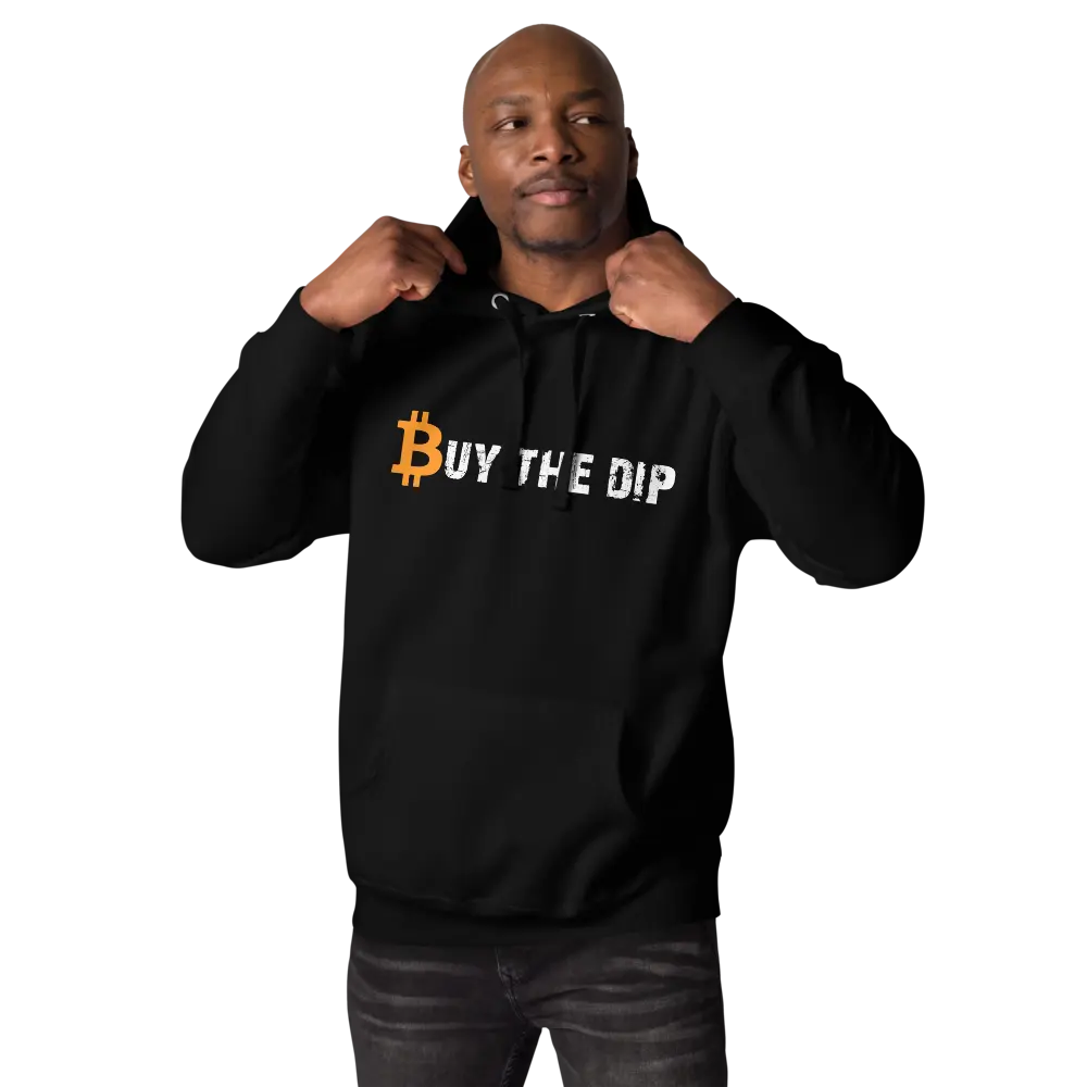 bitcoin hoodie - buy the dip - worn by model