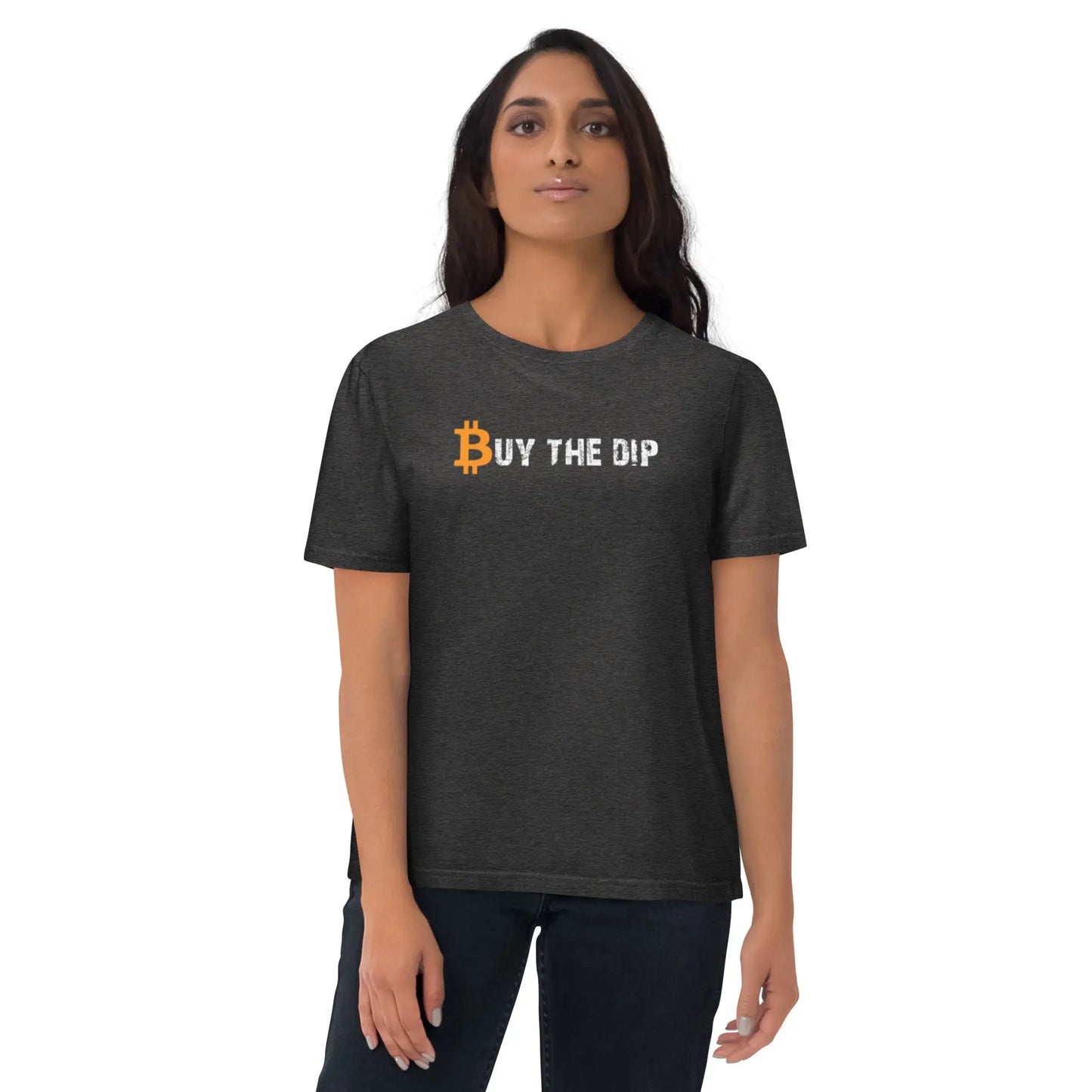 bitcoin t-shirt - buy the dip - worn on female model - grey