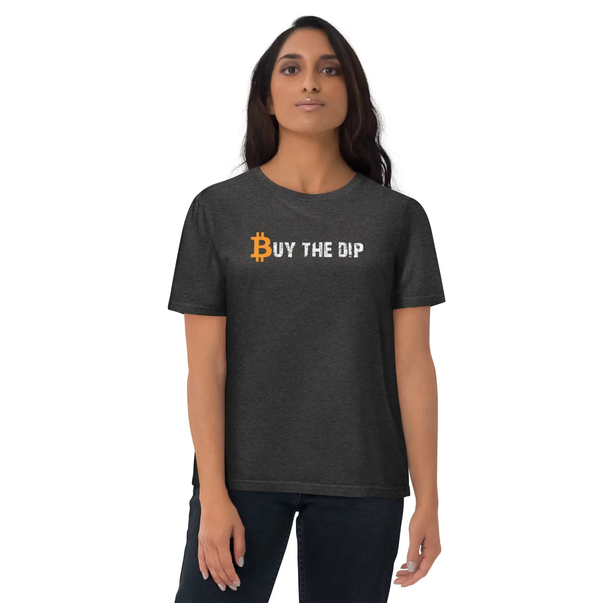 bitcoin t-shirt - buy the dip - worn on female model - grey