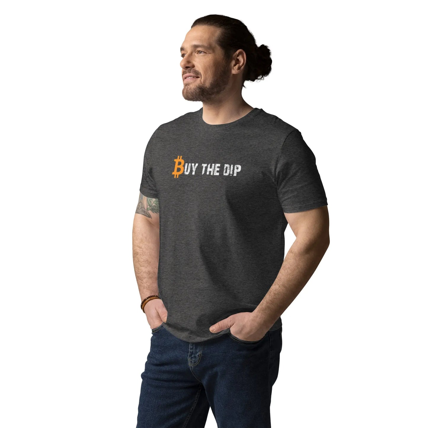 bitcoin t-shirt - buy the dip - worn on male model - grey