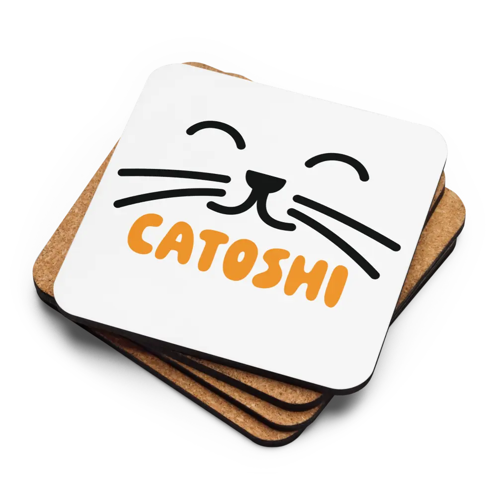 Three Catoshi Bitcoin coasters showing the cork backs and one showing the cat design by BitPopArt