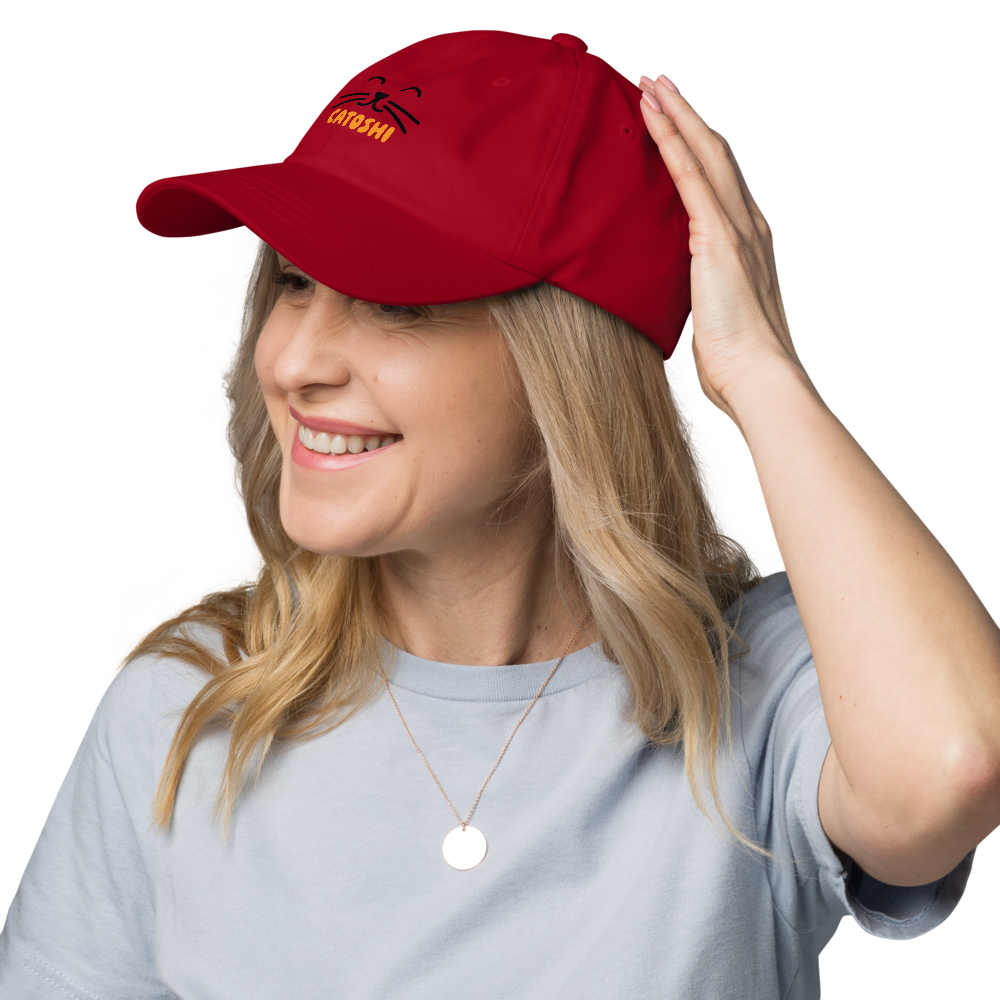 bitcoin hat - catoshi - worn - red