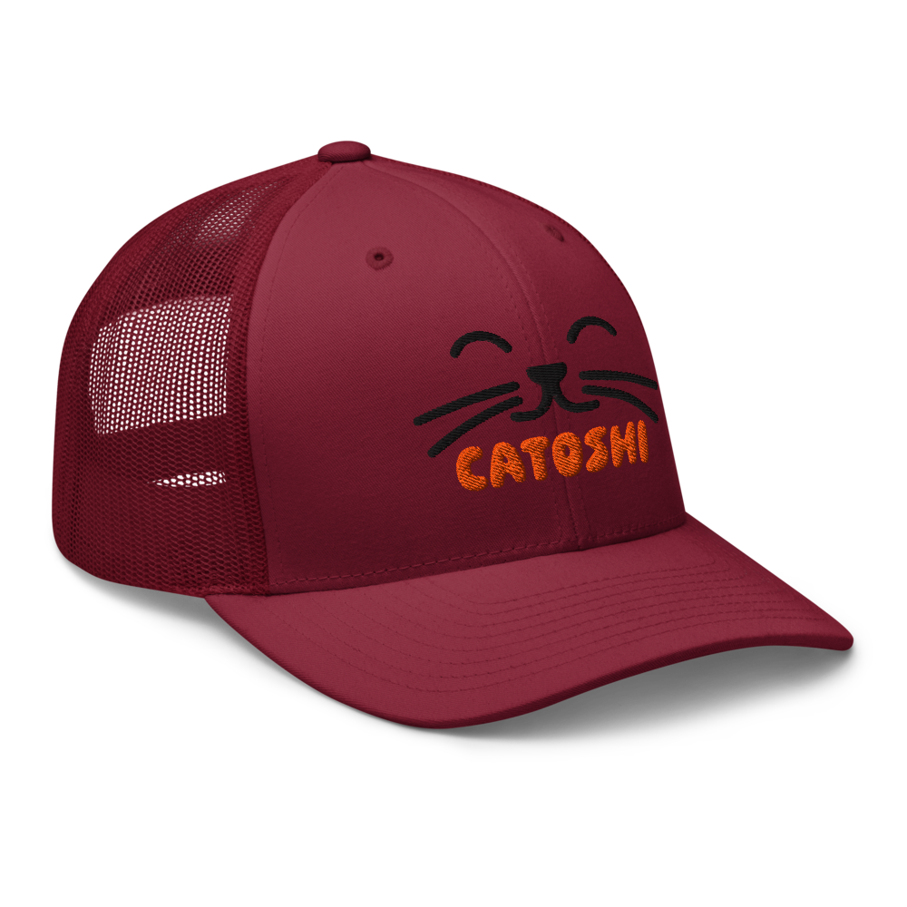 catoshi bitcoin trucker hat front view cranberry