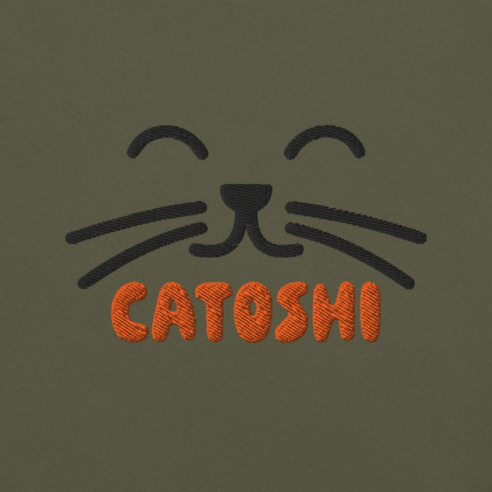 bitcoin t-shirt - catoshi - embroidery close-up - sage green