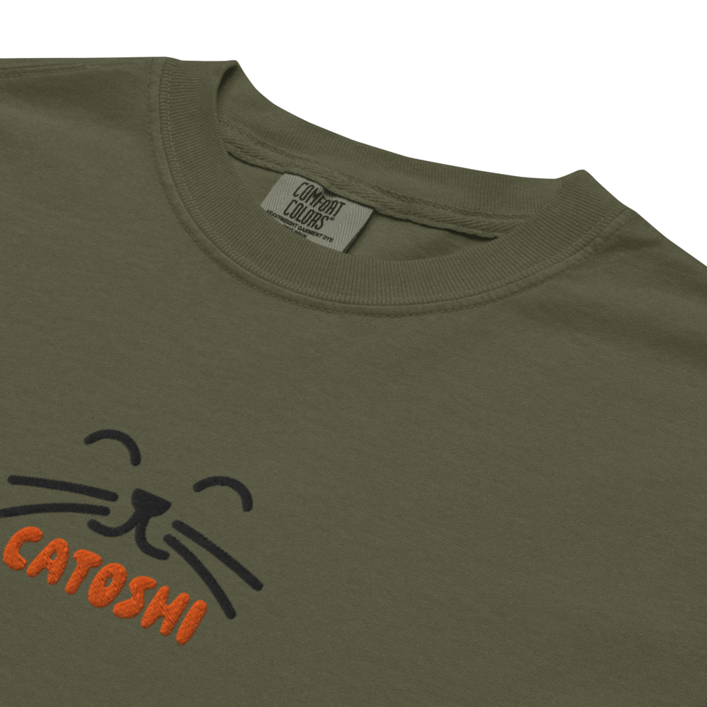 bitcoin t-shirt - catoshi - embroidery close-up - sage