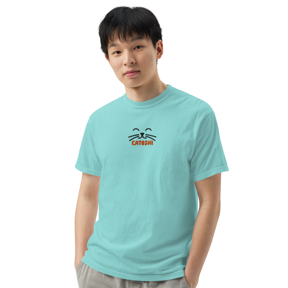 bitcoin t-shirt - catoshi - worn view - lagoon blue