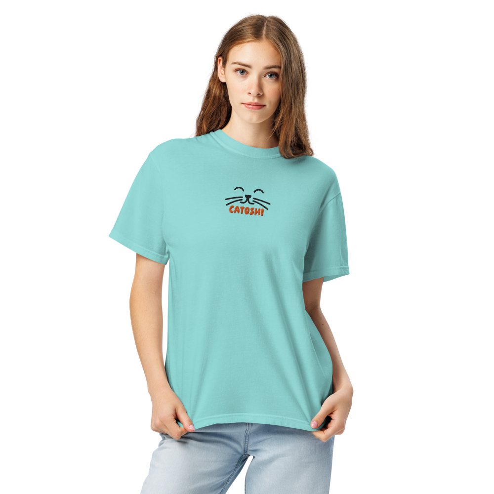 bitcoin t-shirt - catoshi - worn view - lagoon blue