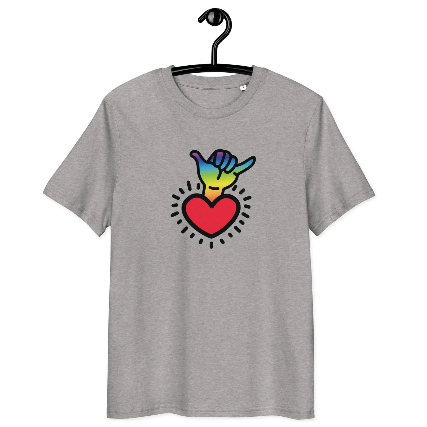chakra t-shirt - shaka hand - front view on hanger - grey color
