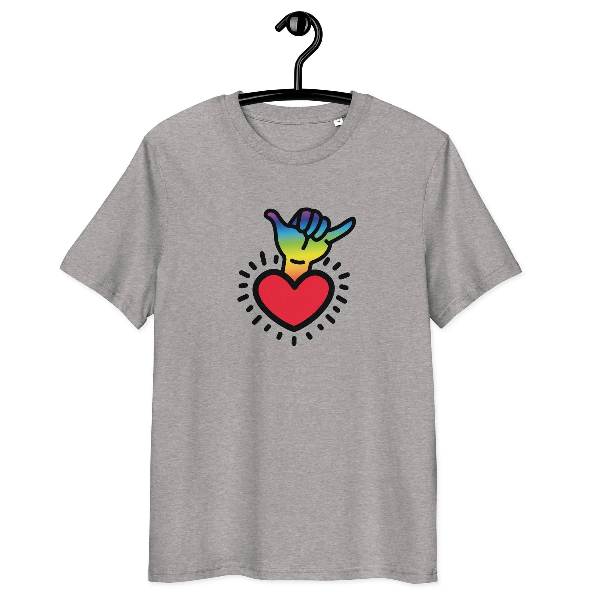 chakra t-shirt - shaka hand - front view on hanger - grey color