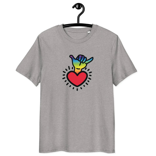chakra t-shirt - shaka hand - front view on hanger - grey color