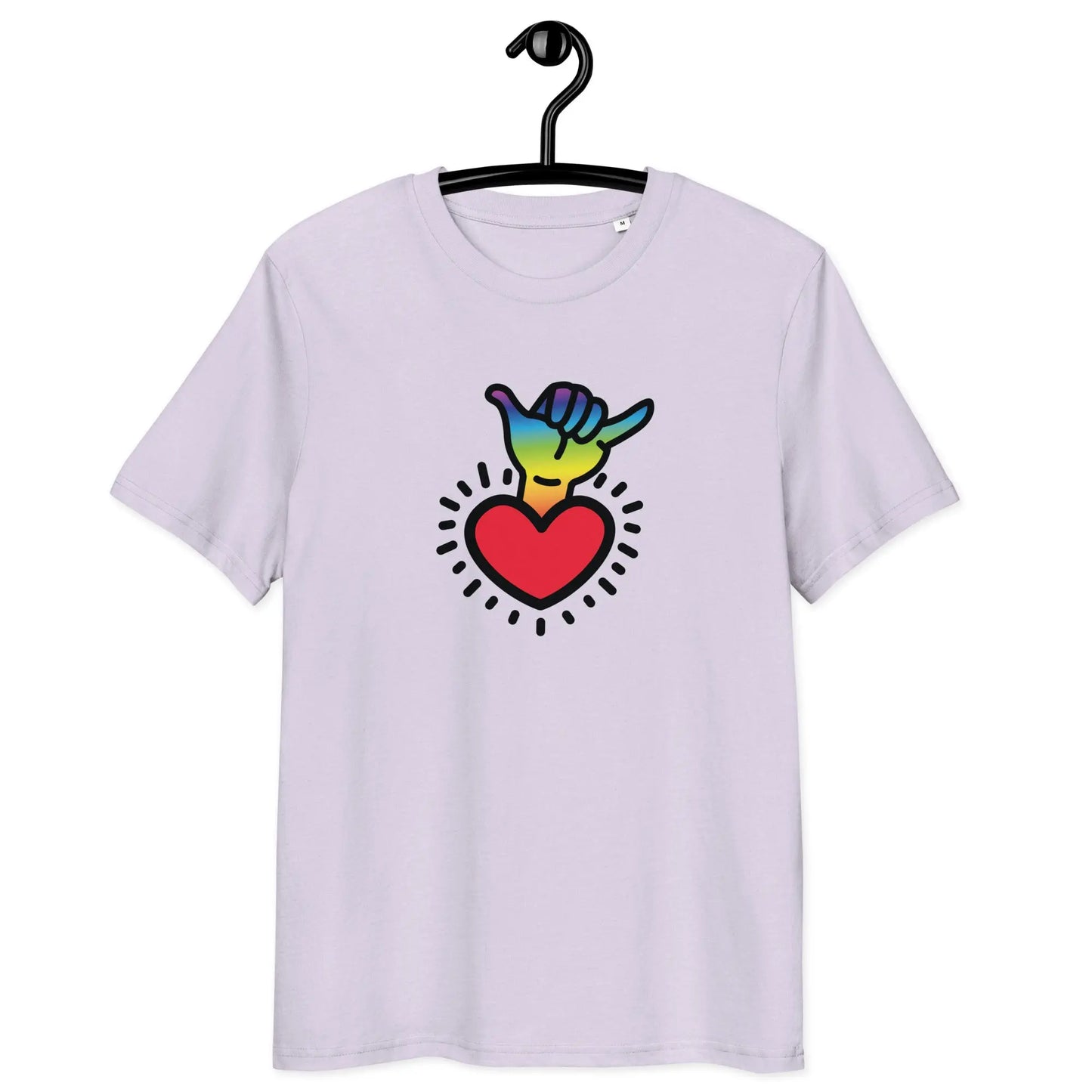 chakra t-shirt - shaka hand - front view on hanger - lavender