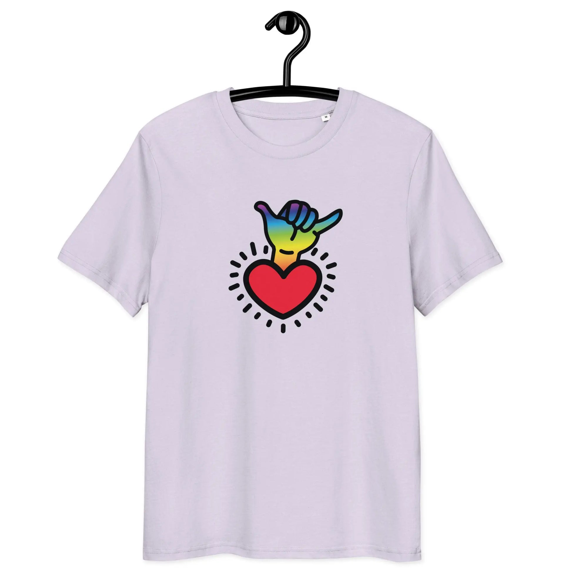 chakra t-shirt - shaka hand - front view on hanger - lavender