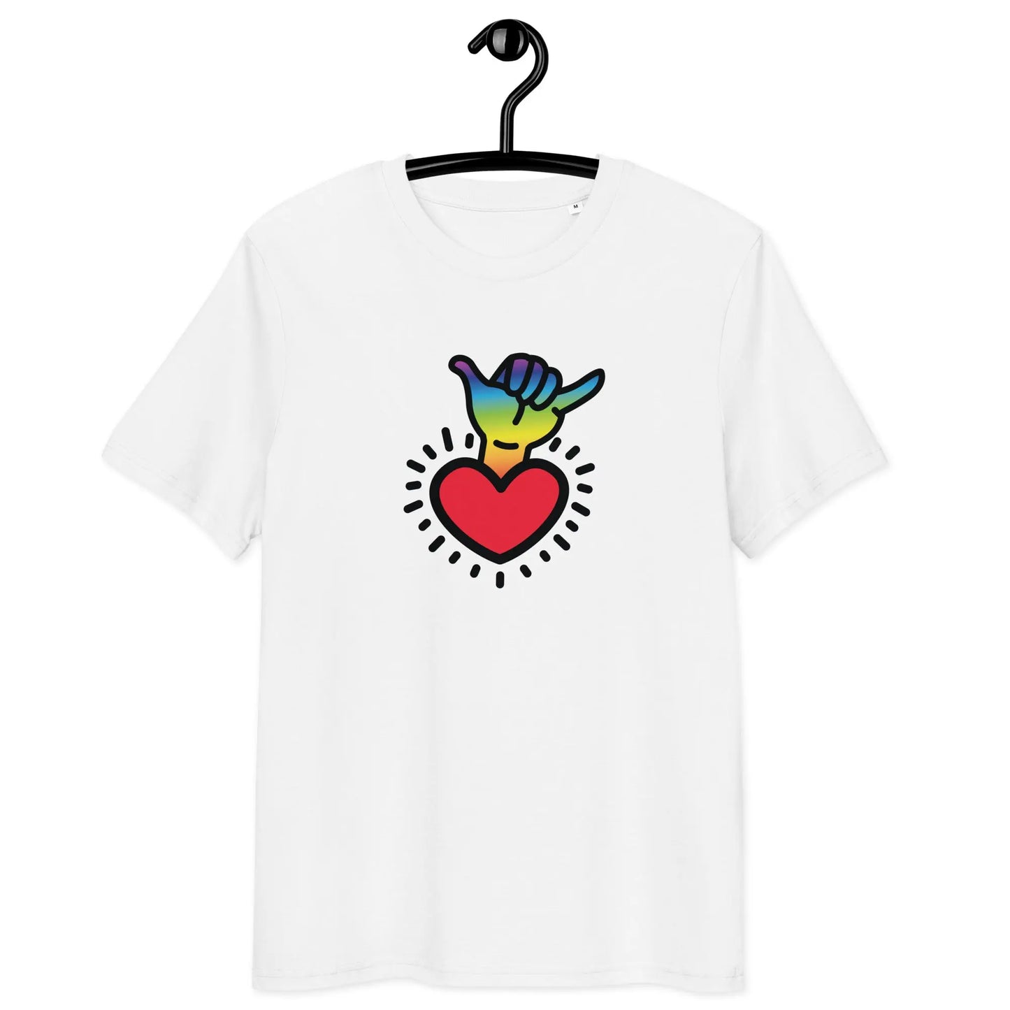 chakra t-shirt - shaka hand - front view on hanger - white color