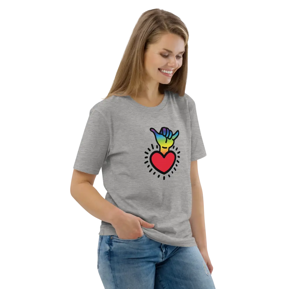 chakra t-shirt - shaka hand - worn by female model - grey color