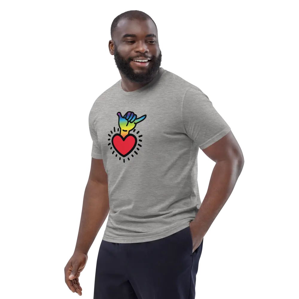 chakra t-shirt - shaka hand - worn by male model - grey color