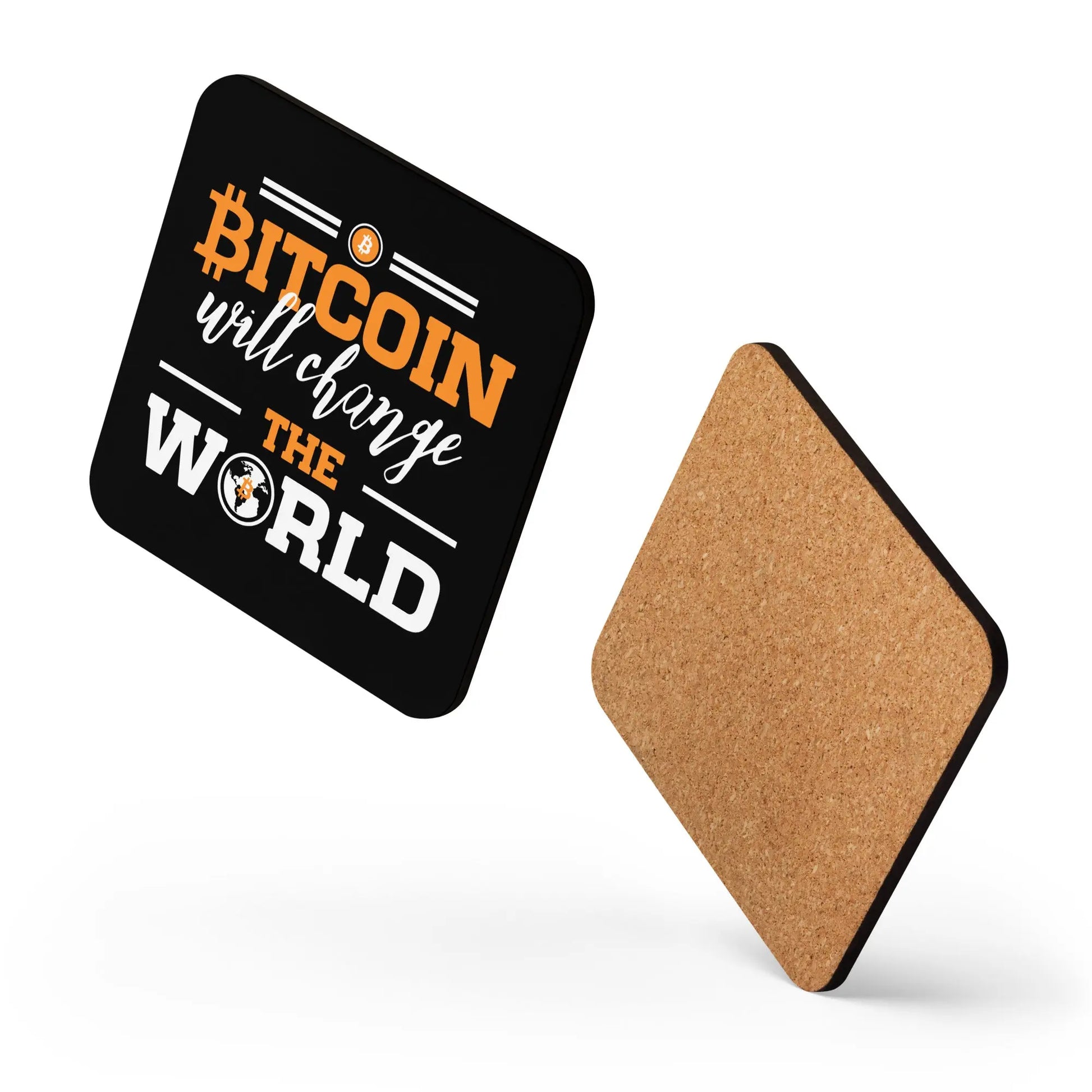 Change the World Bitcoin coaster floating layout product image