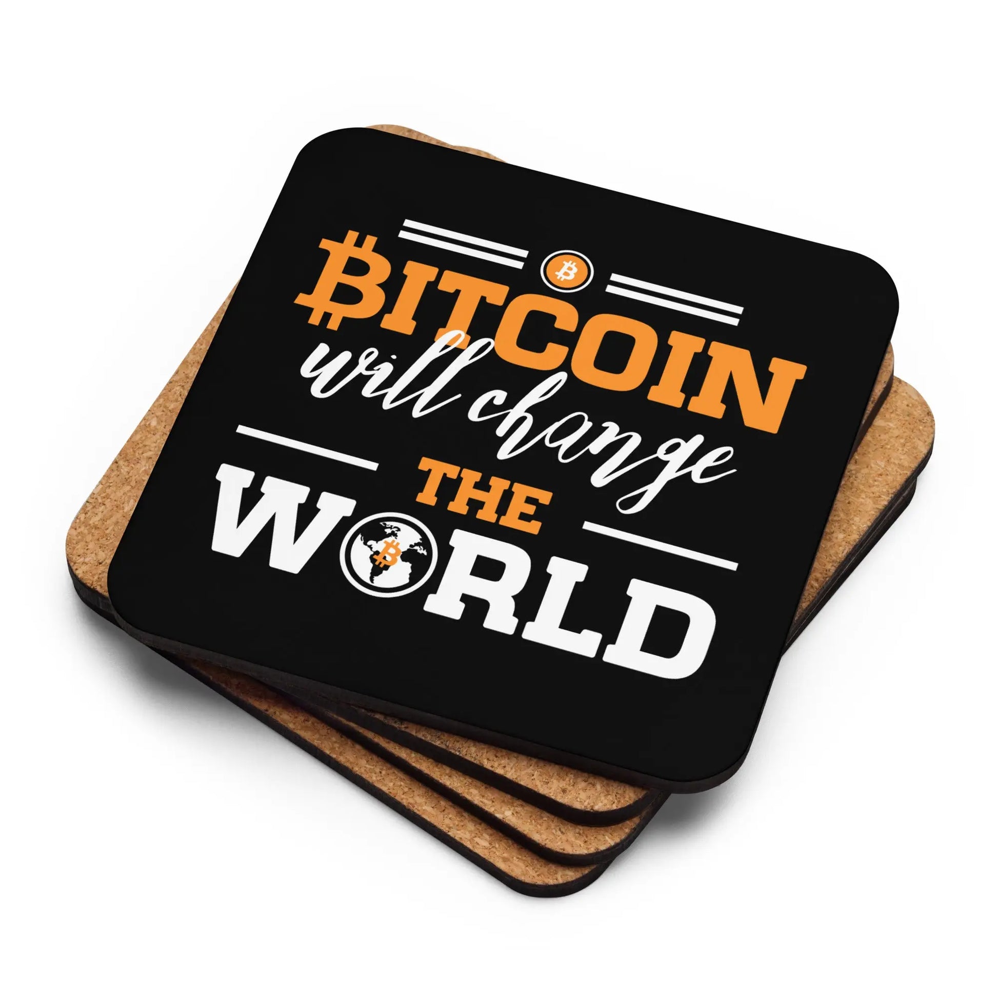 Stack of Change the World Bitcoin coasters showing cork backing