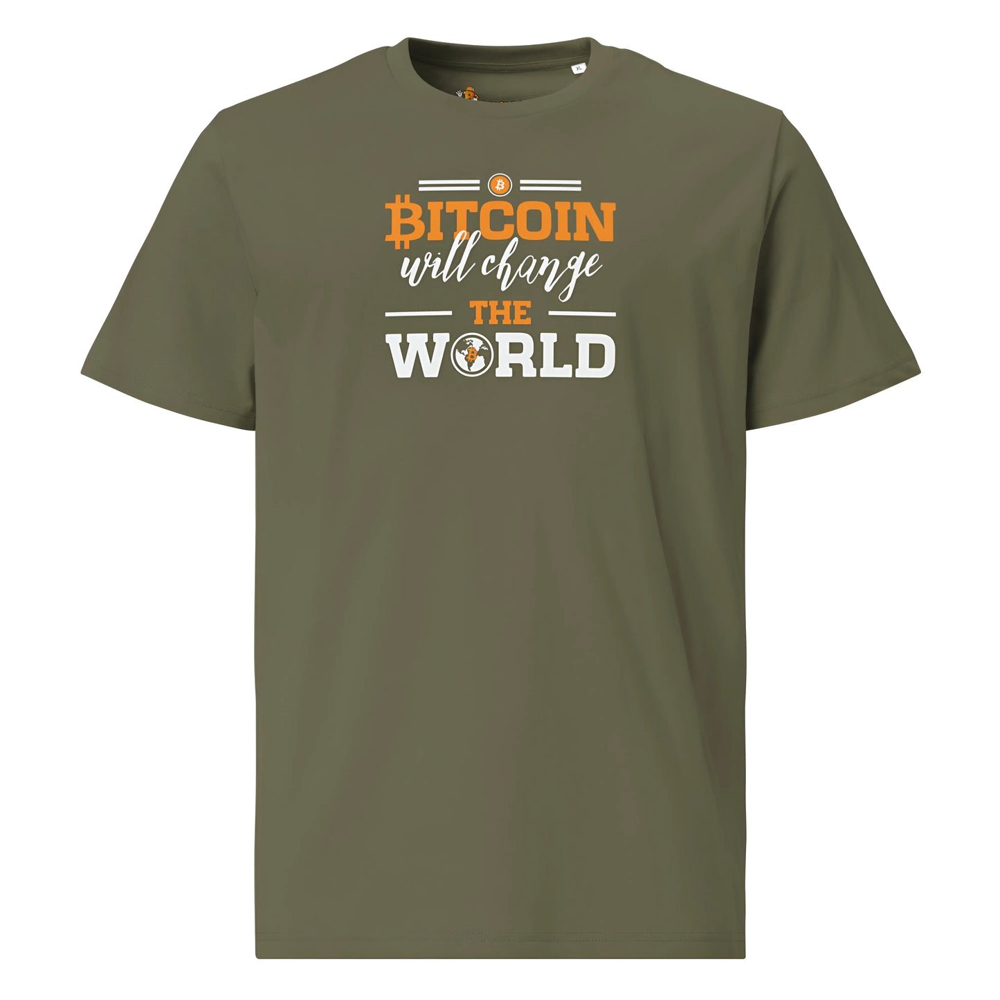 bitcoin t-shirt change the world front view - khaki green