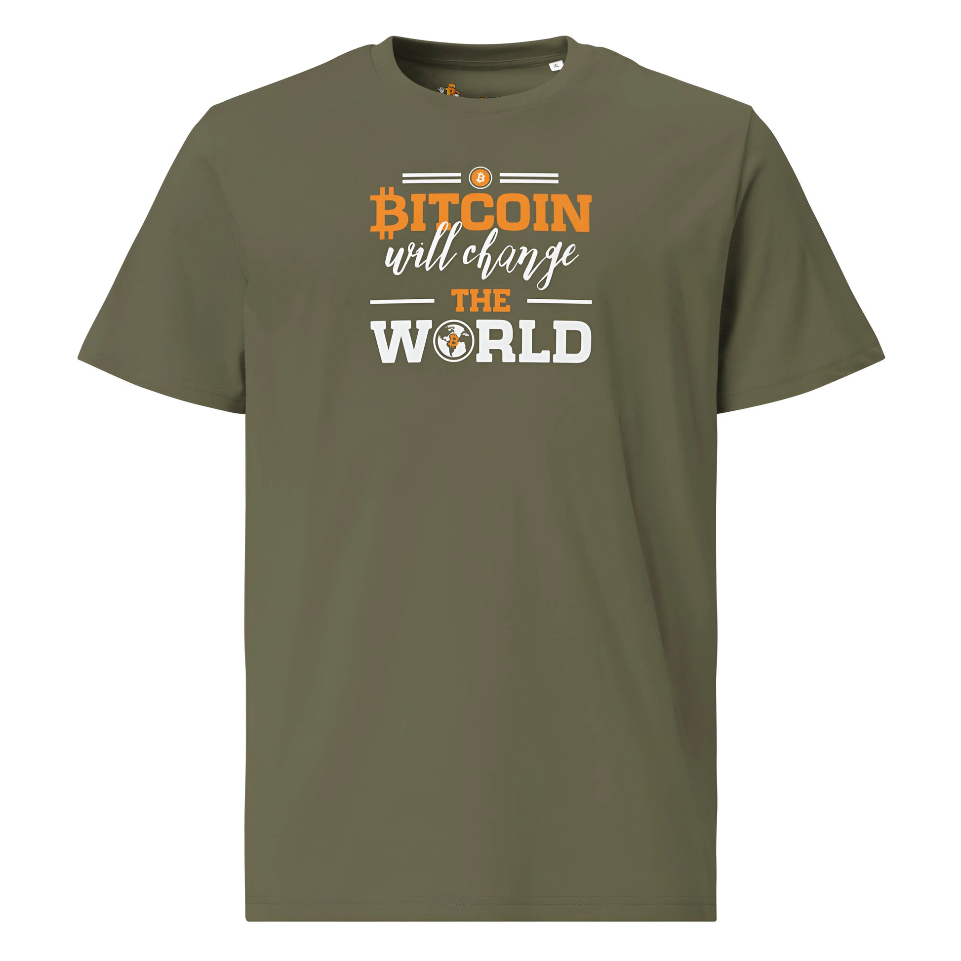 bitcoin t-shirt change the world front view - khaki green