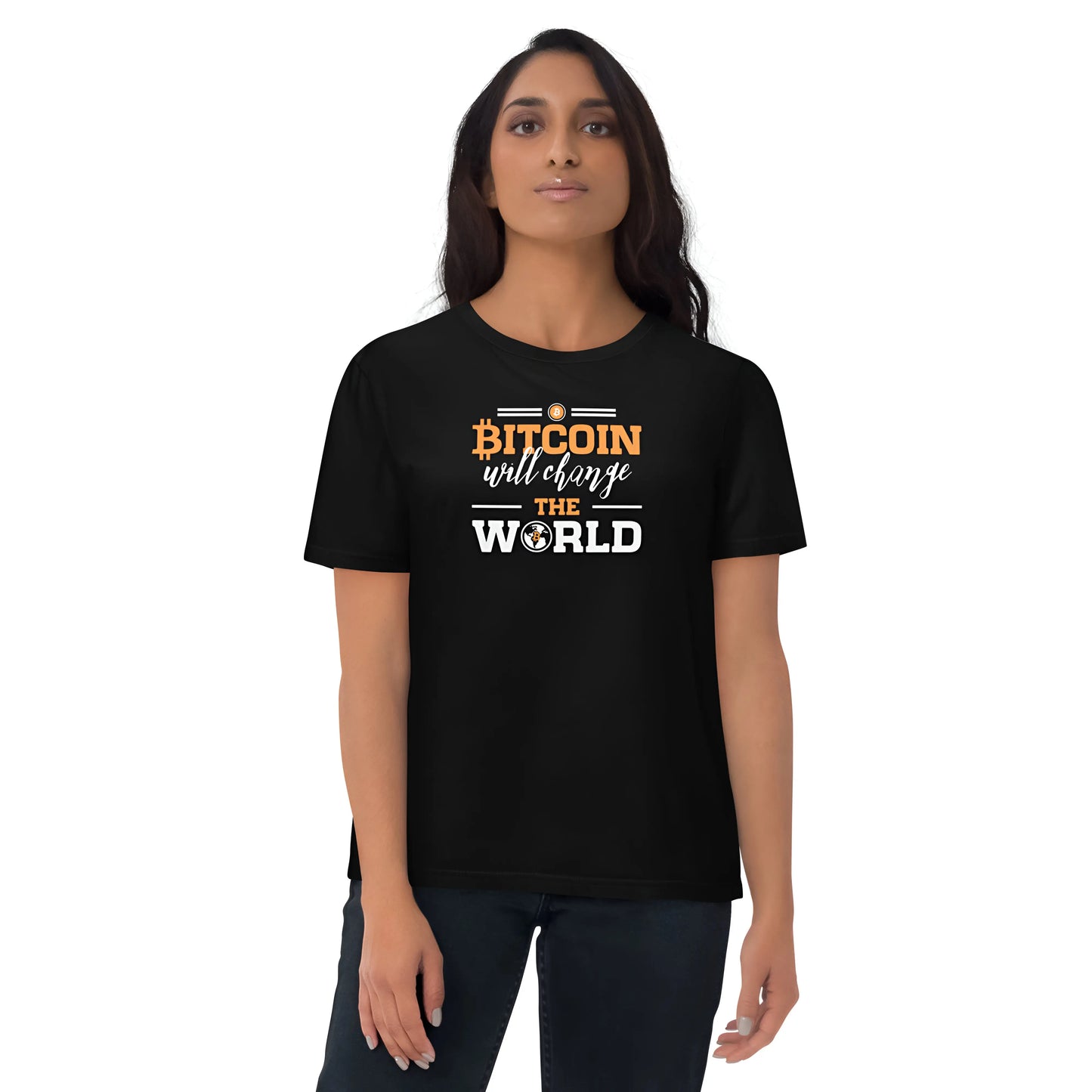 bitcoin t-shirt - change the world - worn on female model - black