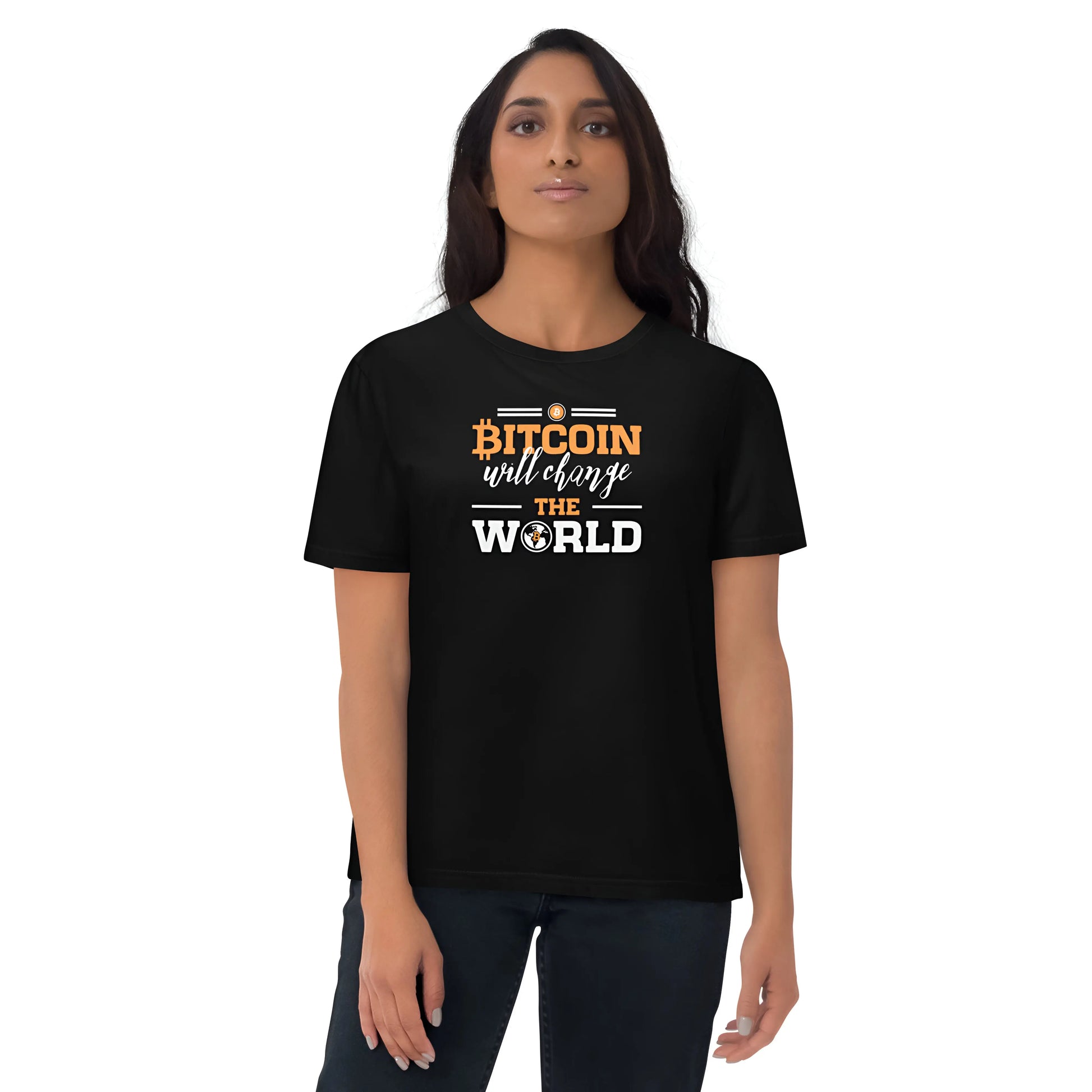 bitcoin t-shirt - change the world - worn on female model - black