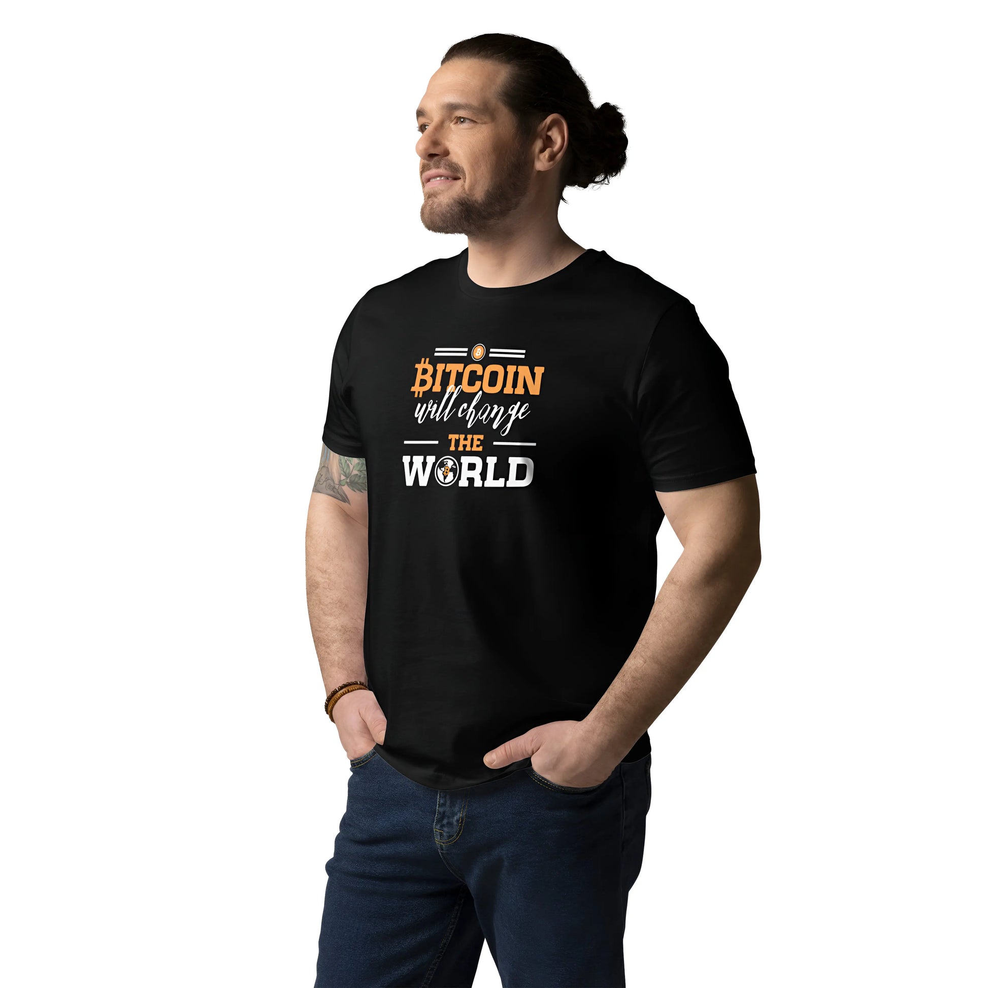bitcoin t-shirt - change the world - worn on male model - black