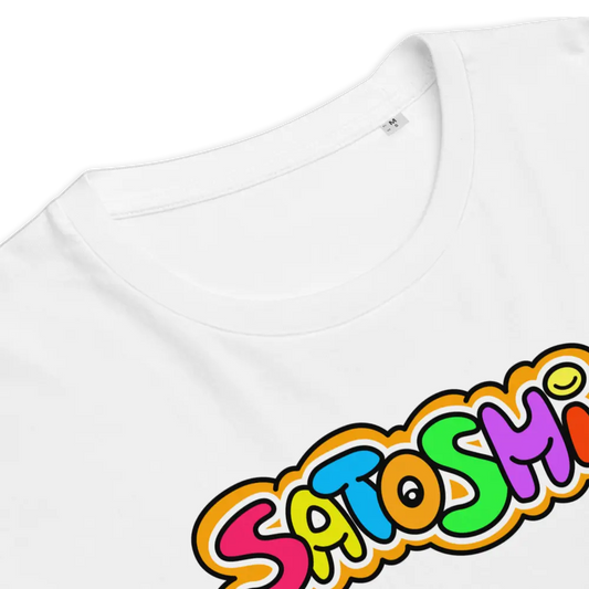 Colorful Satoshi T-Shirt – By BitPopArt | Store of Value — design close-up - white color