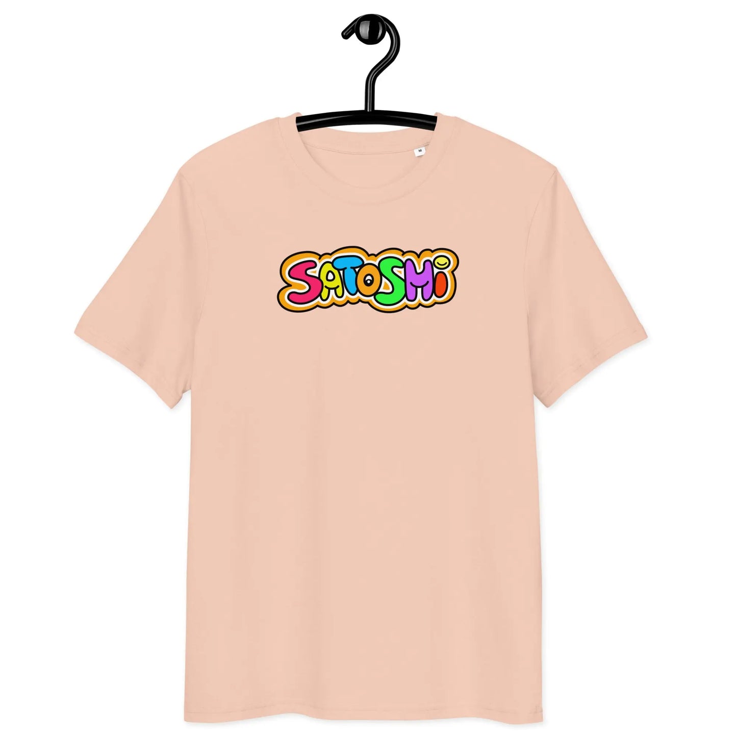 Colorful Satoshi T-Shirt – By BitPopArt | Store of Value — on hanger - fraiche peche color