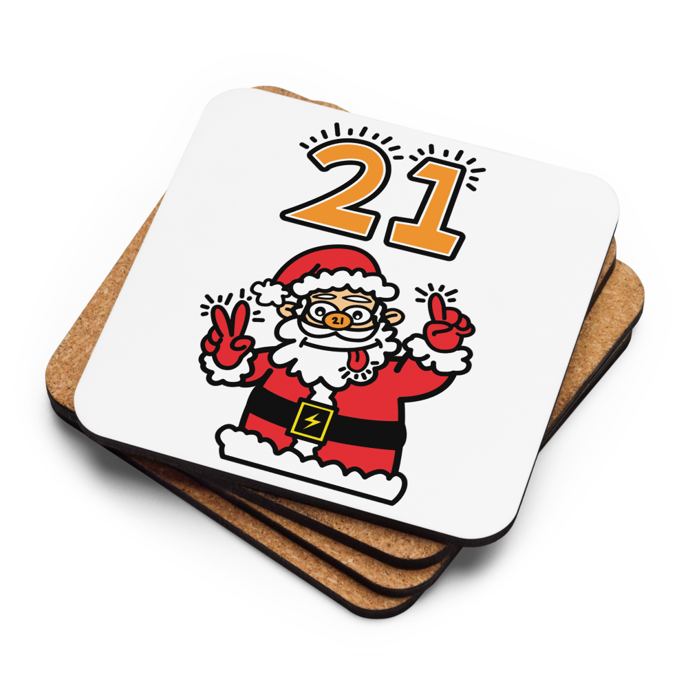 Crazy Santa Bitcoin coaster by BitPopArt – stacked with cork back