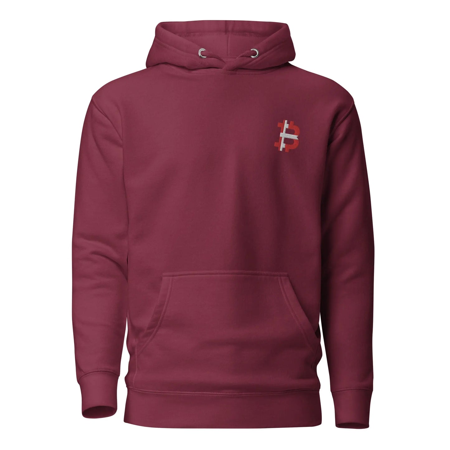 bitcoin hoodie - danish bitcoin flag - front view - burgundy red