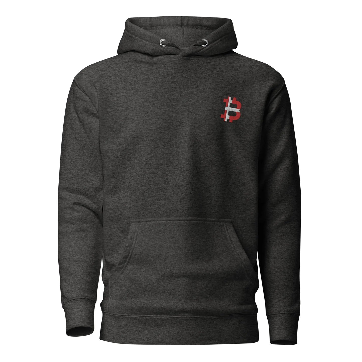 bitcoin hoodie - danish bitcoin flag - front view - charcoal grey
