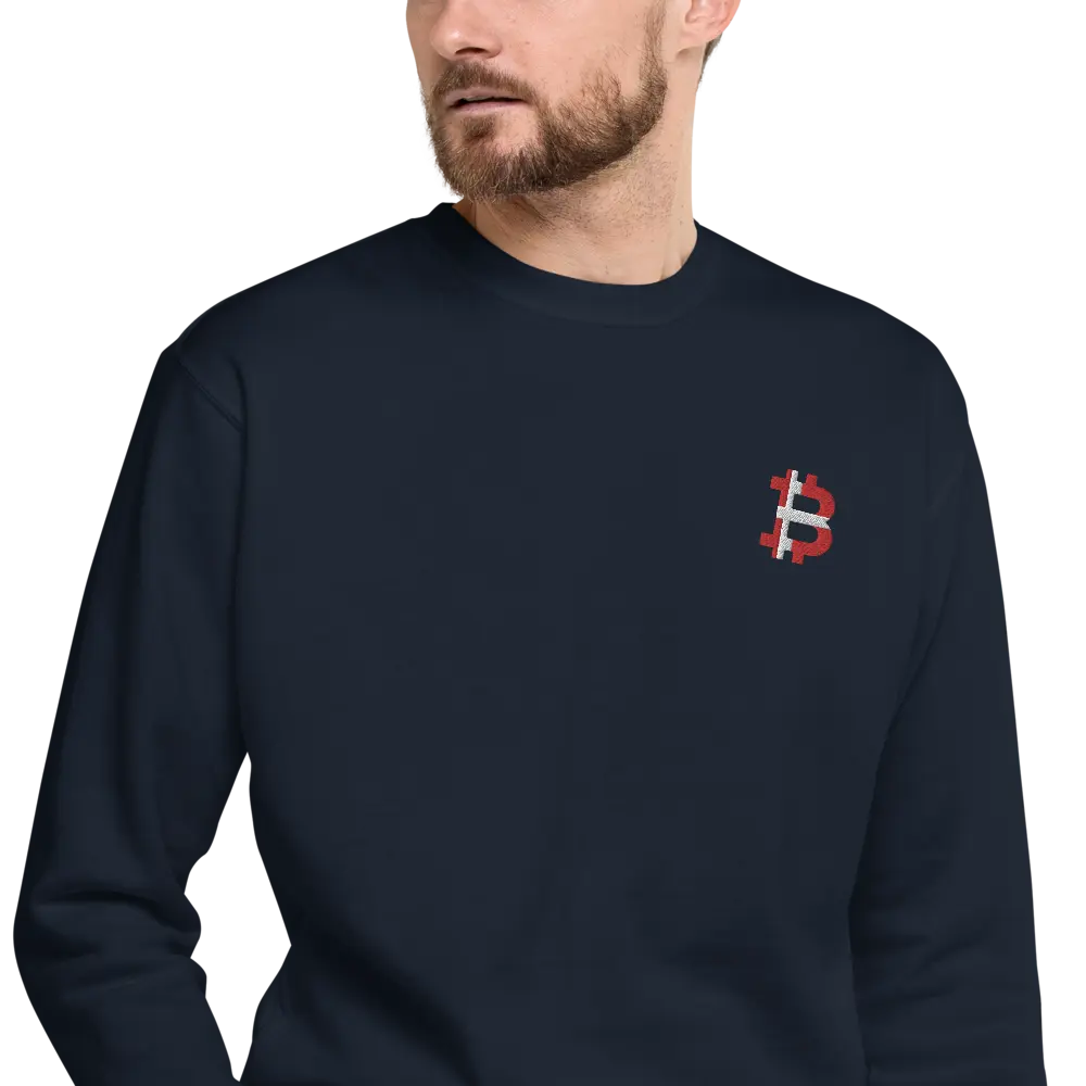 bitcoin embroidered sweatshirt - danish bitcoin flag - embroidery close-up - Blue