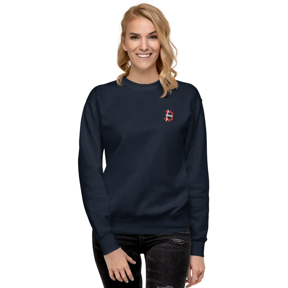 bitcoin embroidered sweatshirt - danish bitcoin flag - front view - worn by female - blue