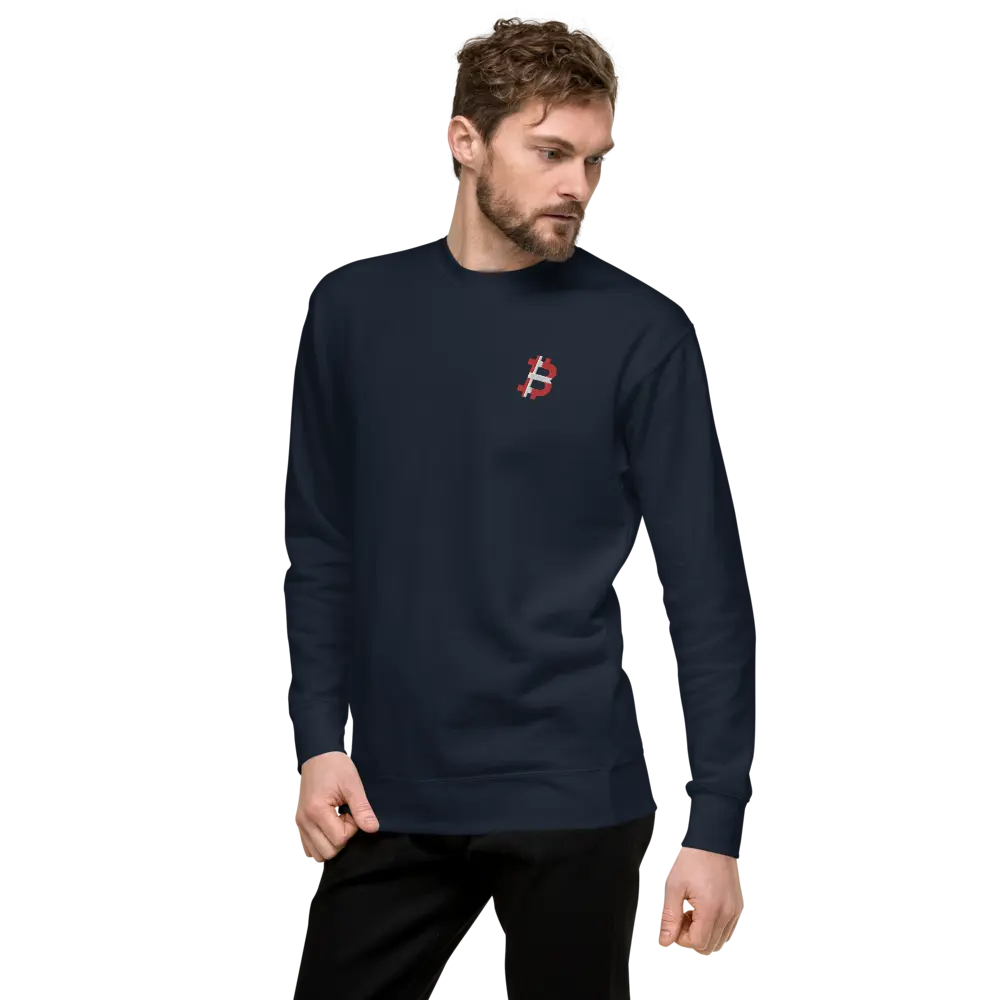 bitcoin embroidered sweatshirt - danish bitcoin flag - worn - blue