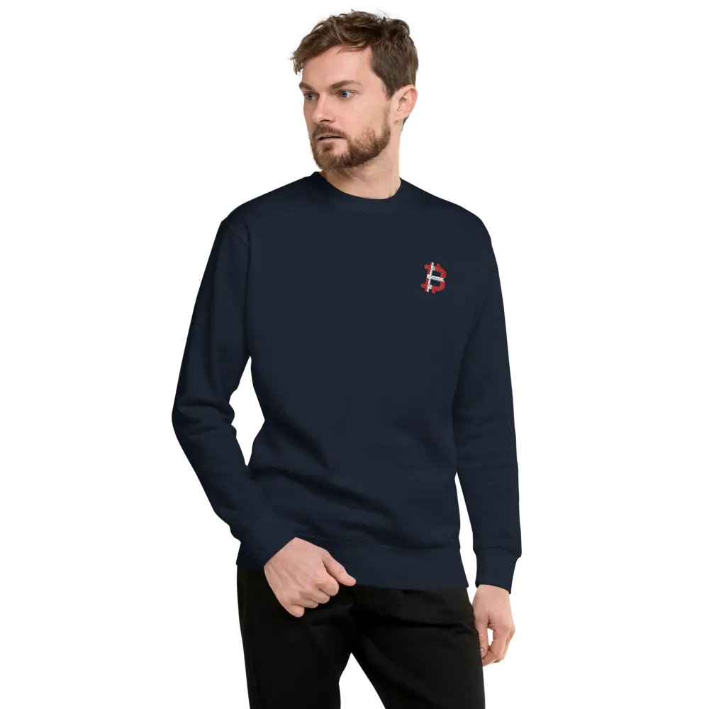 bitcoin embroidered sweatshirt - danish bitcoin flag - worn by male - navy blue
