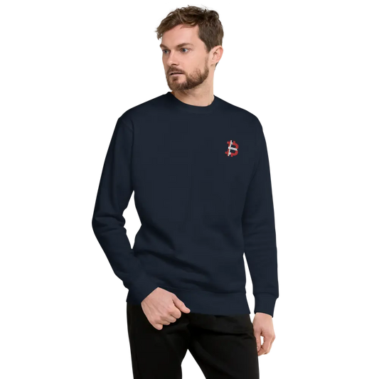 bitcoin embroidered sweatshirt - danish bitcoin flag - worn by male - navy blue