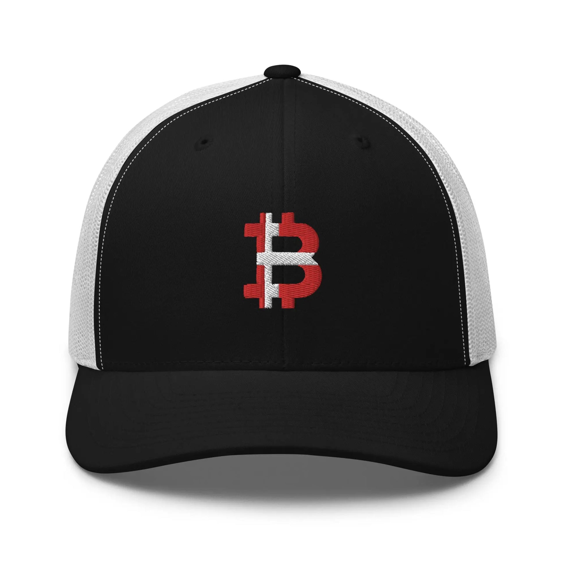 danish bitcoin flag trucker hat front view black and white