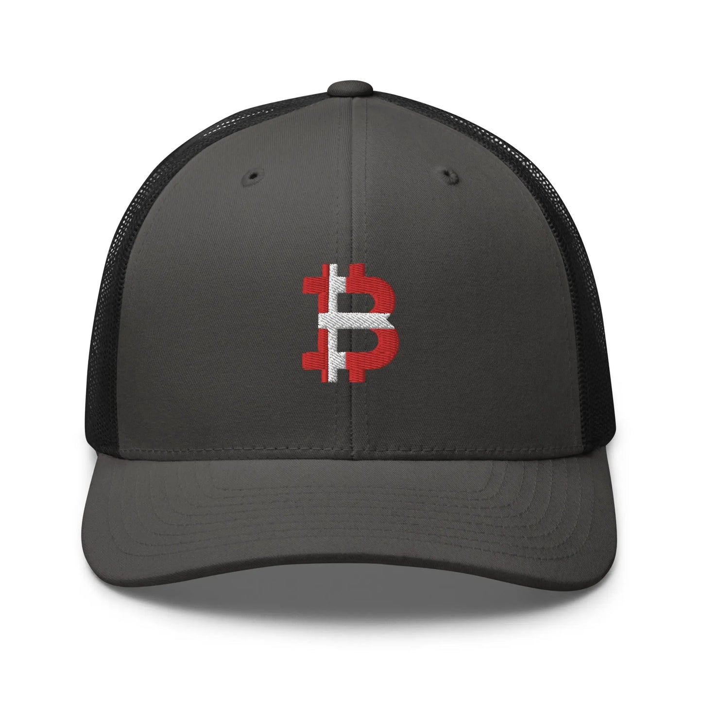 danish bitcoin flag trucker hat front view charcoal and black