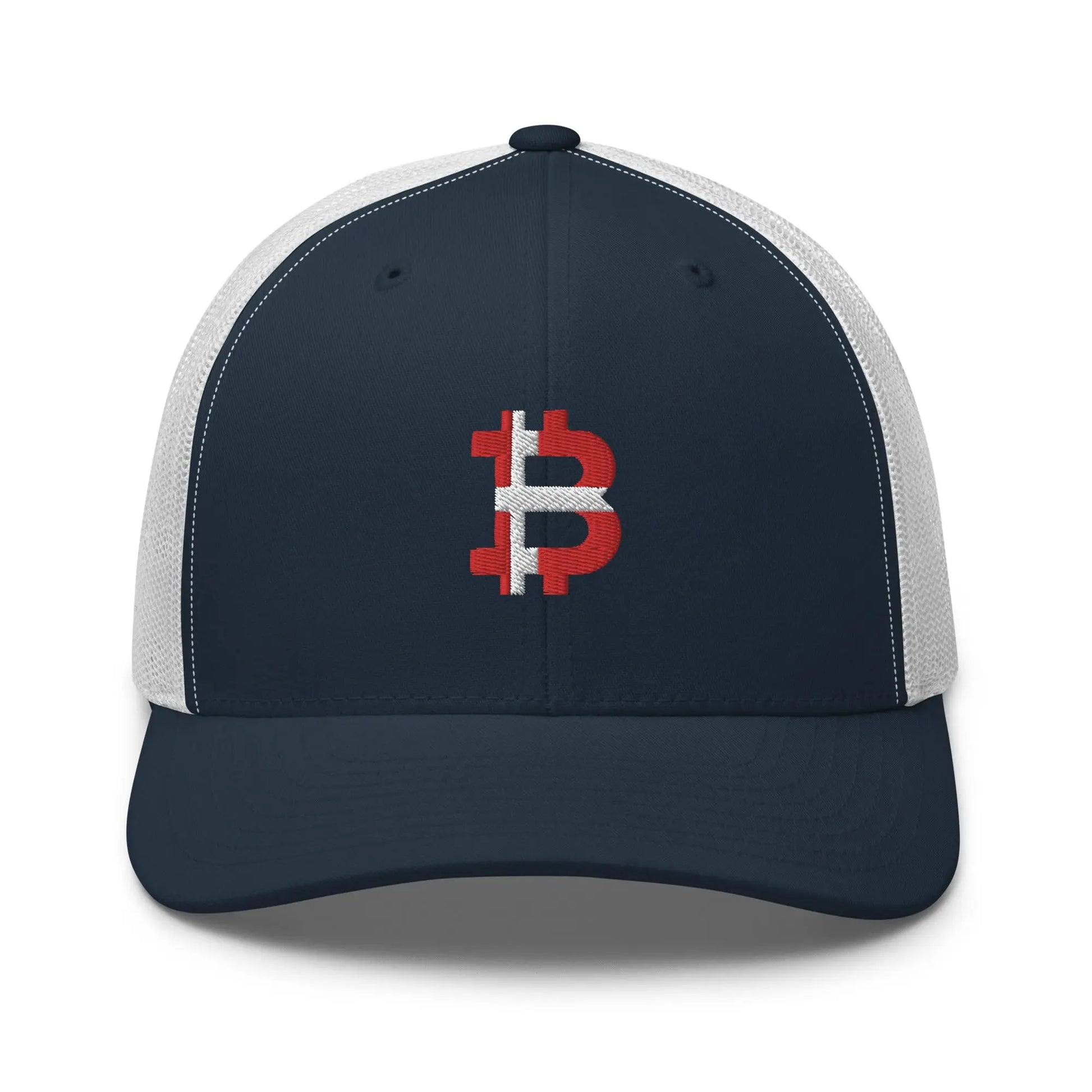danish bitcoin flag trucker hat front view navy and white