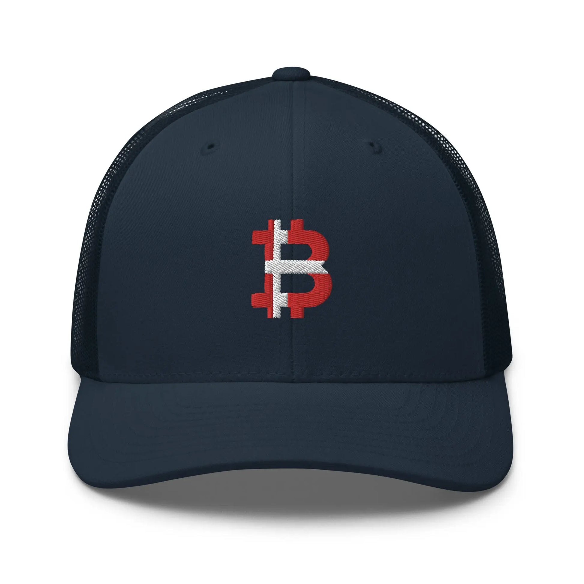 danish bitcoin flag trucker hat front view navy