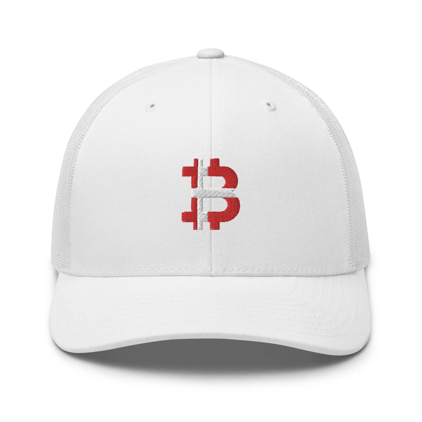 danish bitcoin flag trucker hat front view white
