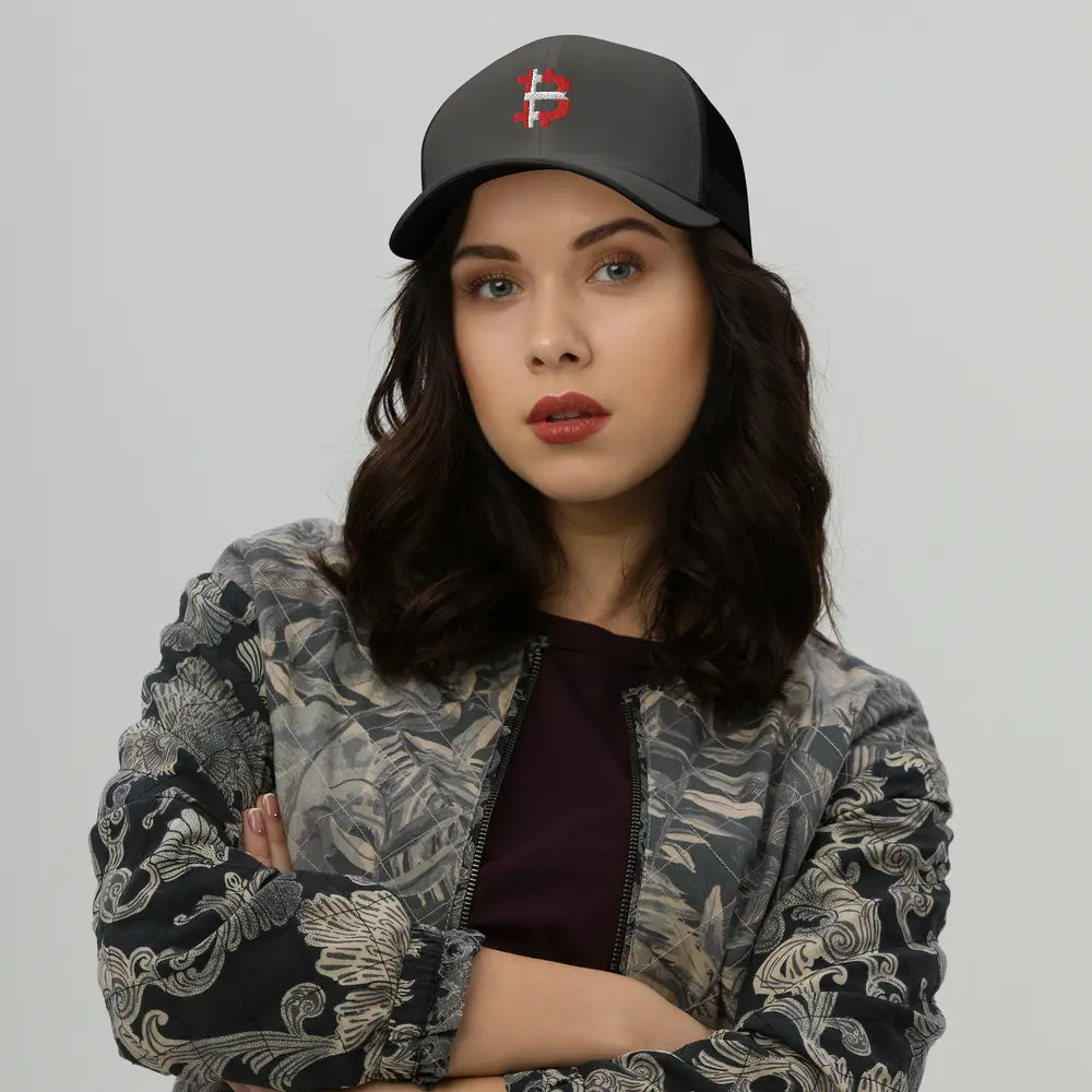 danish bitcoin hat worn on model charcoal and black