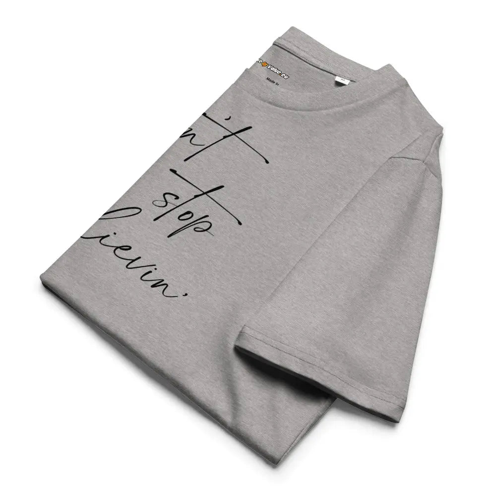 Bitcoin T-Shirt – Don’t Stop Believin’ - flat lay — grey