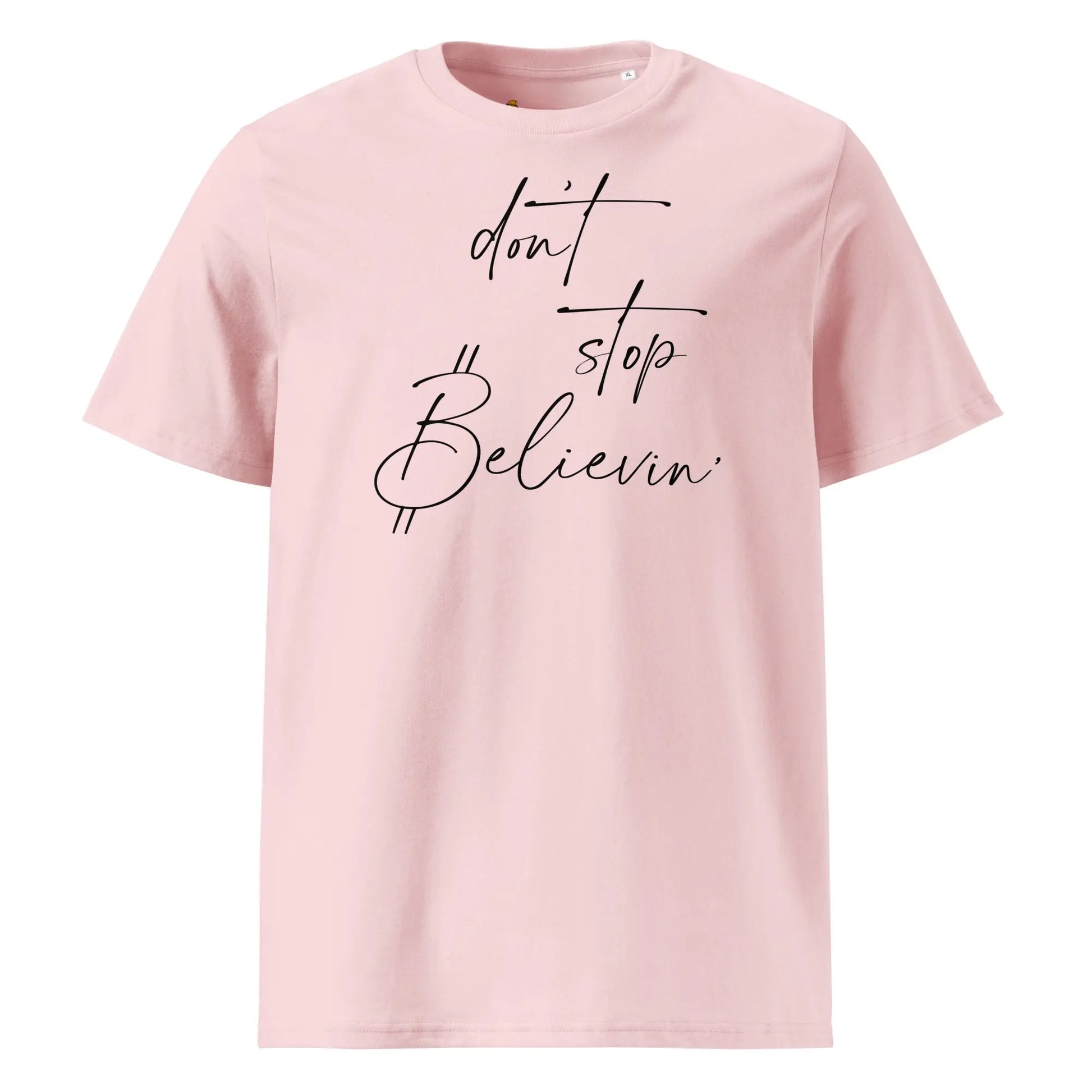 Bitcoin T-Shirt – Don’t Stop Believin’ - front view — pink